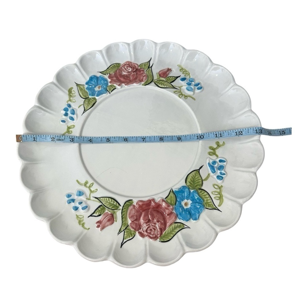 Vintage Ceramic California Floral Pink Rose Platter 13 Inches Scalloped Edges - Picture 6 of 6
